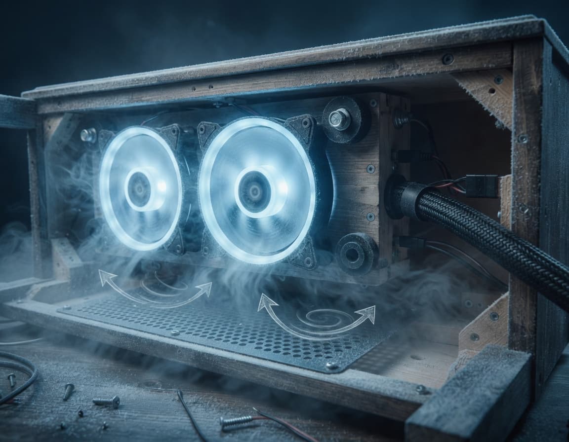 Two computer fans in the cavity under a piano bench.
